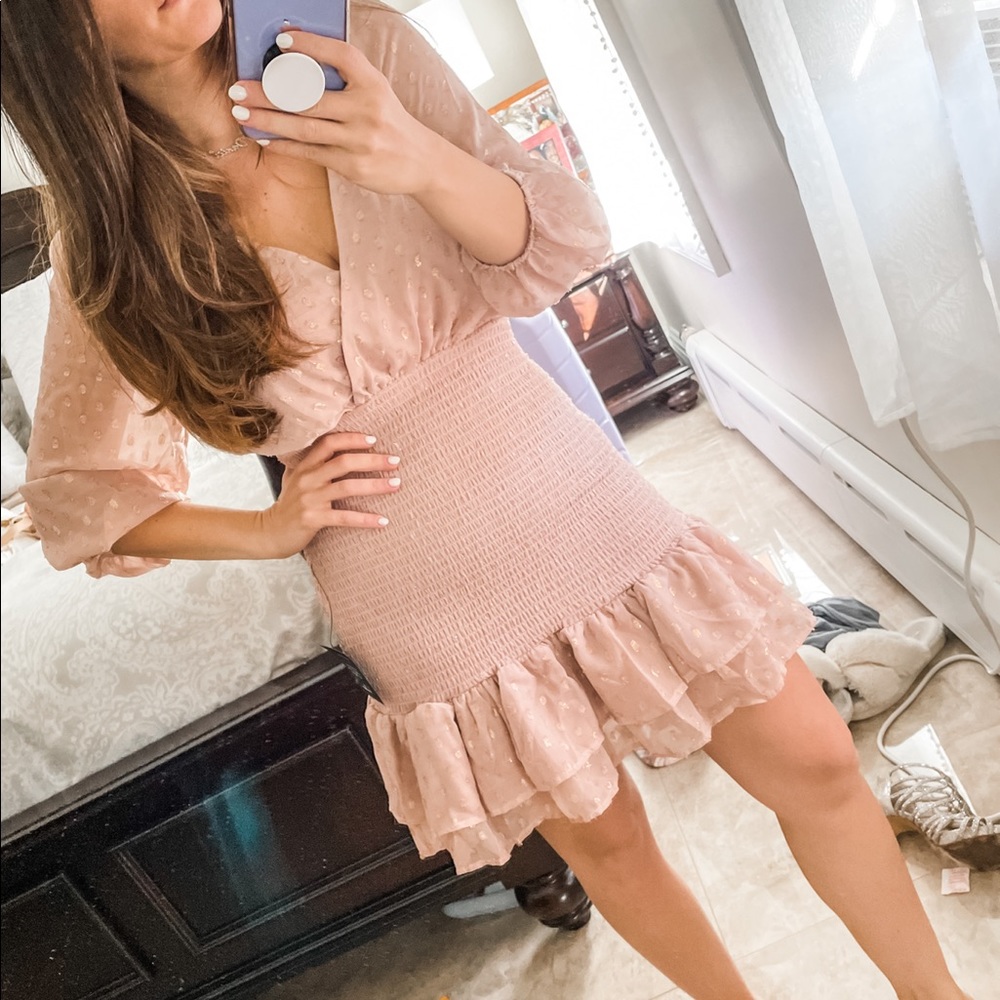Lulus all the cheer mauve and gold dotted smocked mini dress